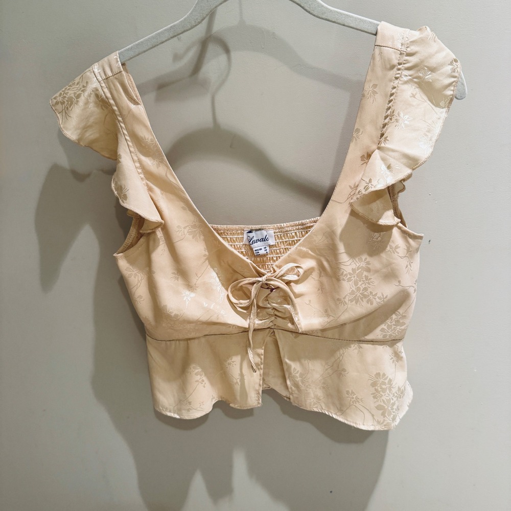 Luvalot Floral Ruffle Top Tie Front Smocked Crop Top Beige Size 6